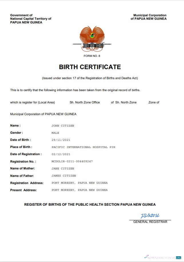 Download Papua New Guinea vital record birth certificate Word and PDF template Photoshop template